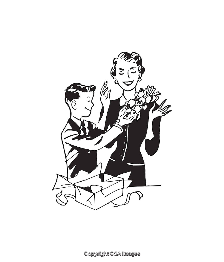 Retro Illustration of Boy Giving a Gift to a Smiling Woman