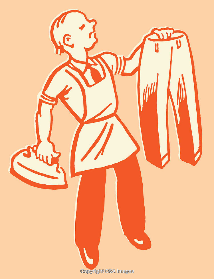 Retro Line Art of a Tailor Holding Iron and Trousers