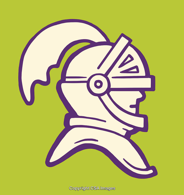 Illustrated Medieval Knight Helmet with Bold Line Art and Bright Colors