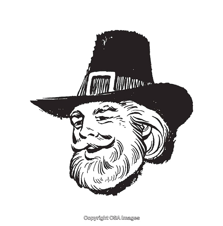 Smiling Pilgrim Illustration in Traditional Hat Line Art Style