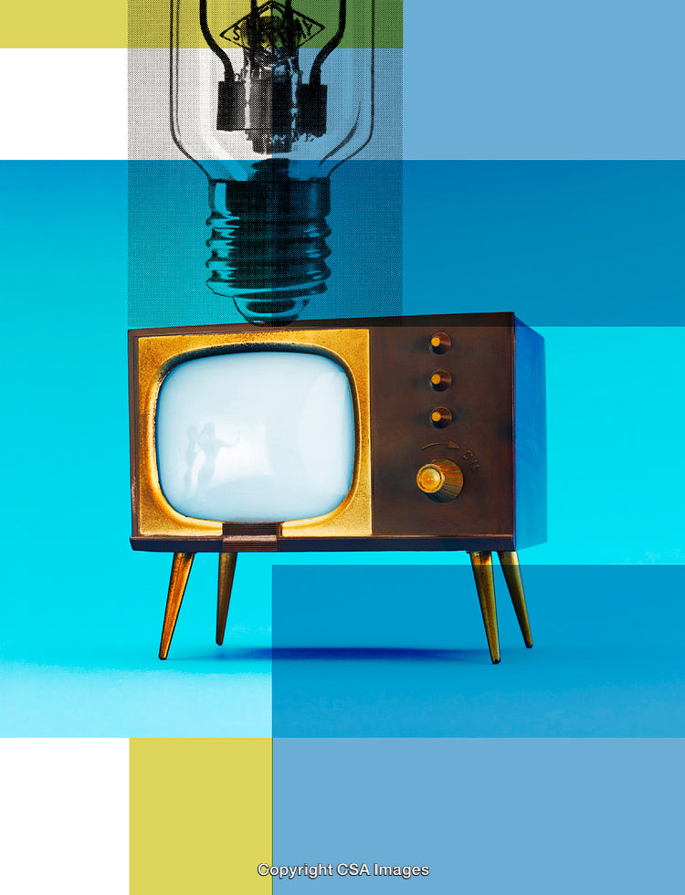 Retro Television with Abstract Light Bulb Concept on Bright Background