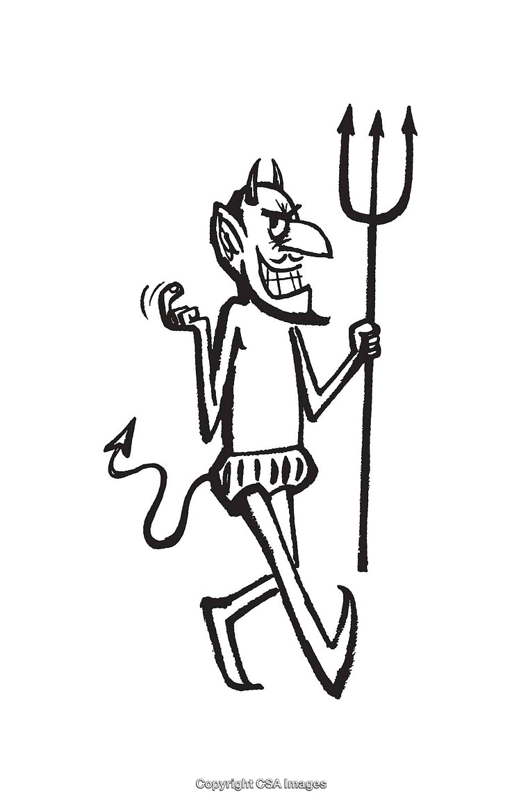 Playful Devil Character Line Drawing with Trident in Black and White