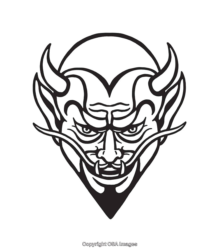 Black and White Line Art of a Demon Face with Horns