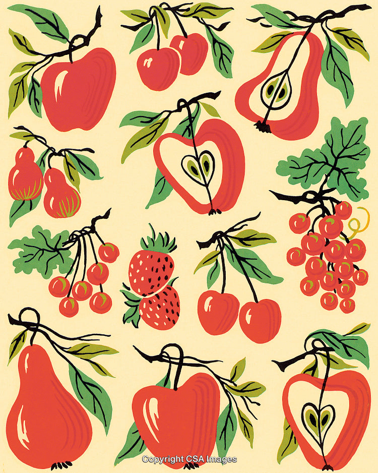 Vintage Styled Fruits Illustration With Apples, Pears, Cherries, and Strawberries