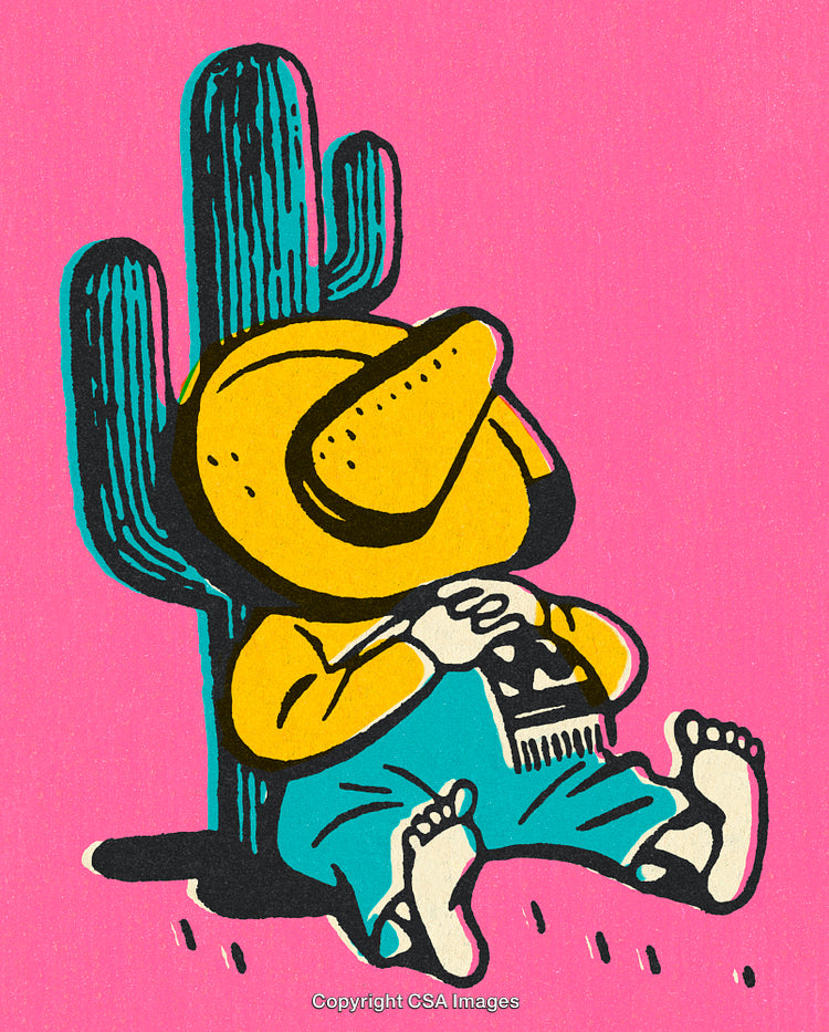 Cartoon Character Resting Against a Cactus on a Vibrant Pink Background