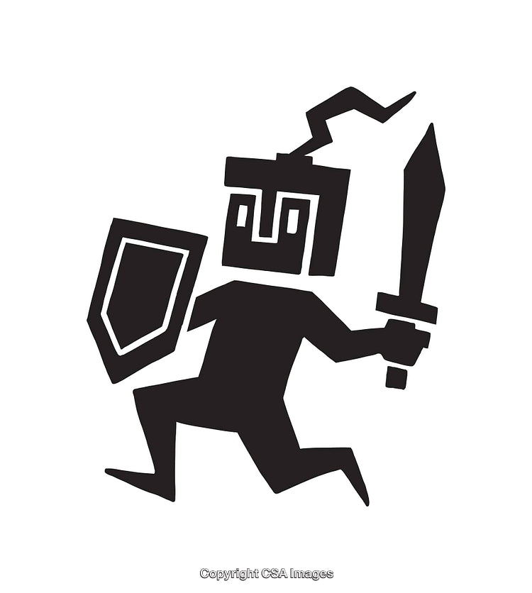 Black and White Line Art of Medieval Warrior with Sword and Shield