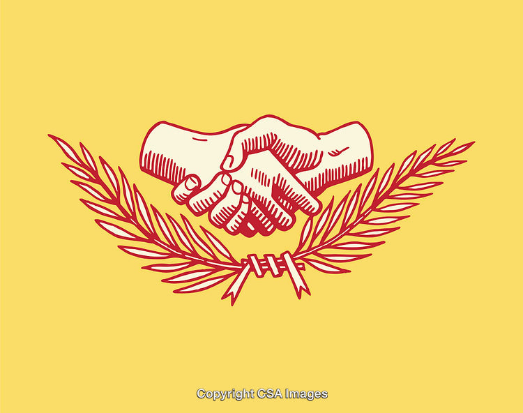 Illustration of Hands Shaking Surrounded by Laurel Branch in Red on Yellow