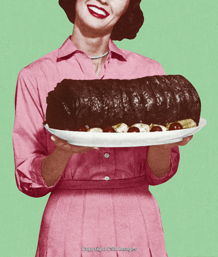 Vintage Artwork of a Woman Presenting a Roast Dish on a Green Background