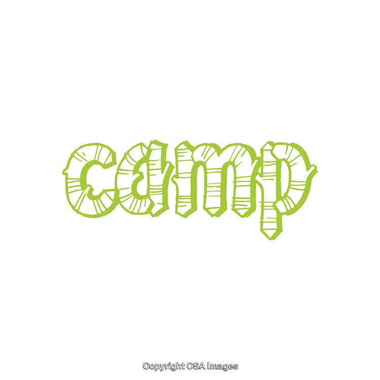 Green Text Illustration Of The Word 'Camp' With Bold Artistic Style