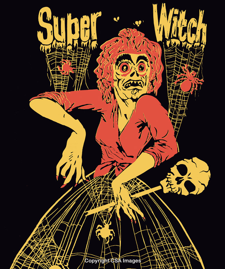Retro Horror Illustration Featuring Super Witch With Dramatic Colors and Bold Graphics