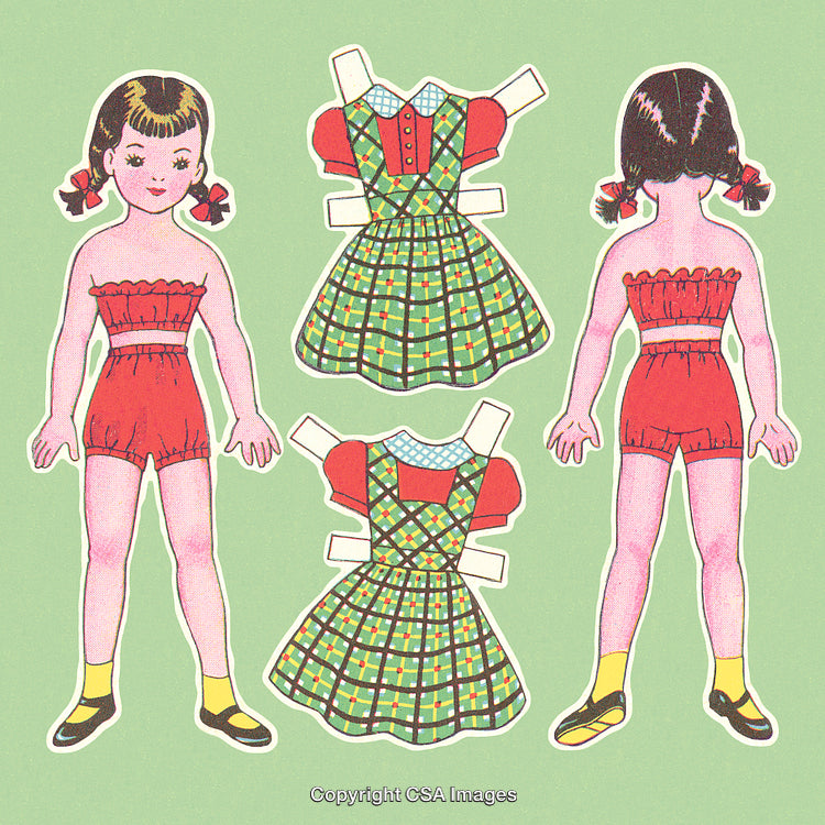 Vintage Paper Doll with Outfits on a Pastel Green Background