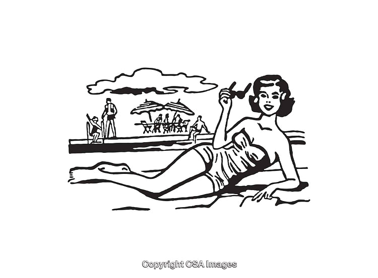 Retro Beach Scene with Woman Relaxing in Line Art Style