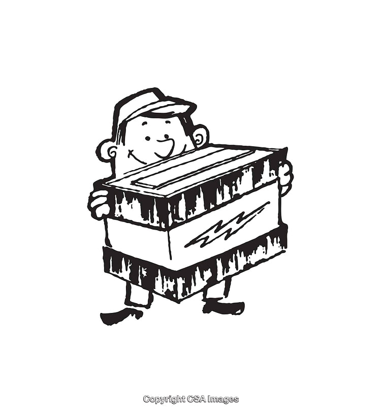 Black And White Line Art Illustration of a Happy Deliveryman with a Box