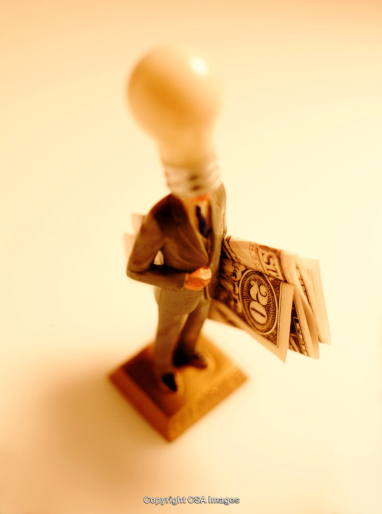 Creative Business Conceptual Art Featuring Suit Figure with Lightbulb Head