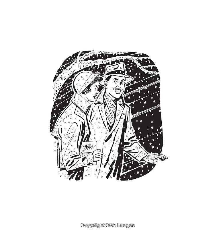 Vintage Couple Walking Together in Rainy Weather, Black and White Illustration