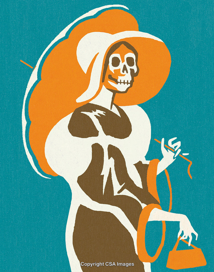 Vibrant Skeleton Illustration with Hat and Handbag on a Colorful Background