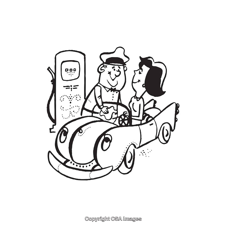 Black and White Illustration of Gas Station Attendant with Female Driver