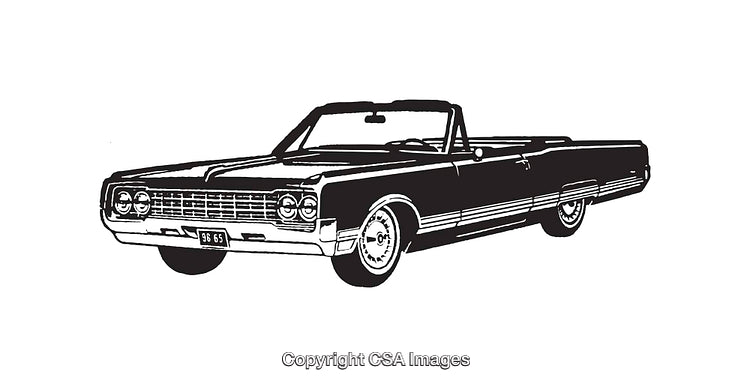 Black and White Line Art Illustration of a Classic Convertible Car