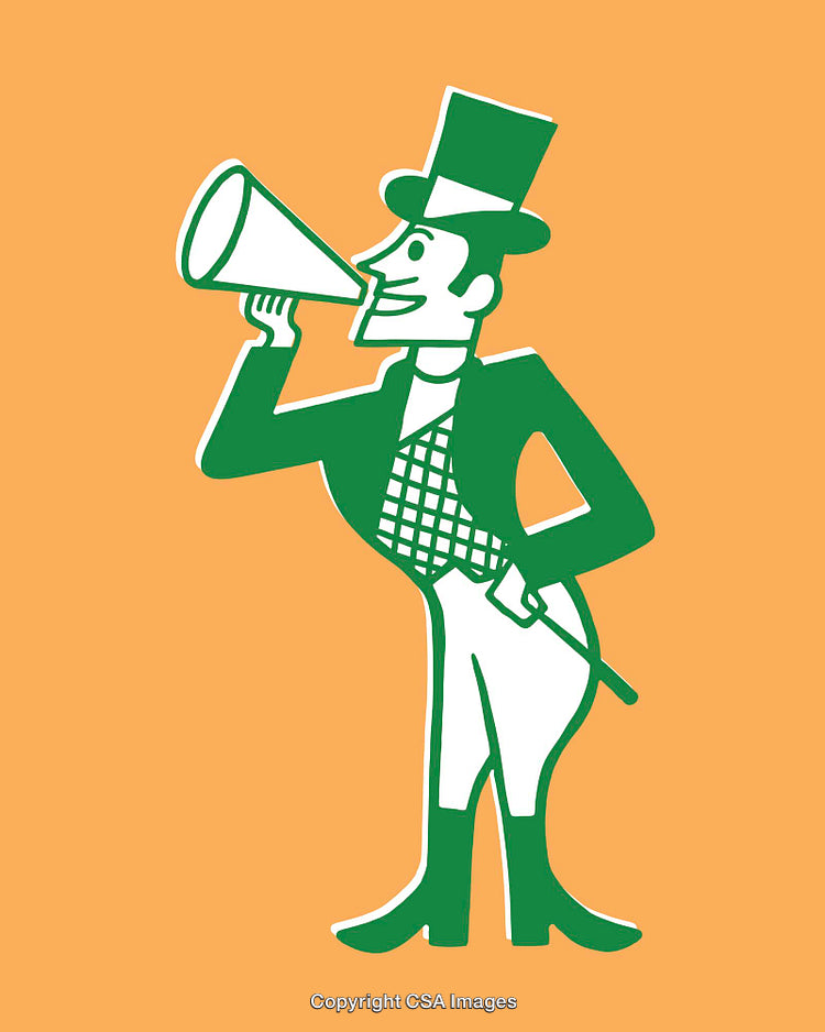 Vintage Style Illustration of Man with Megaphone on Orange Background