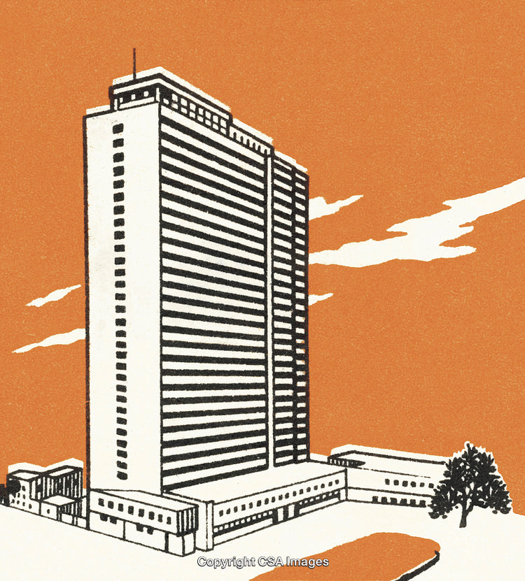Modern Skyscraper Against Orange Sky with Minimalist Illustration Style