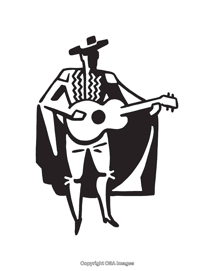 Black and White Illustration of Guitarist Playing Music