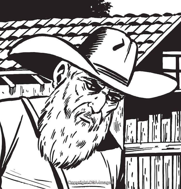 Monochrome Illustration of a Cowboy with Beard in Rustic Environment