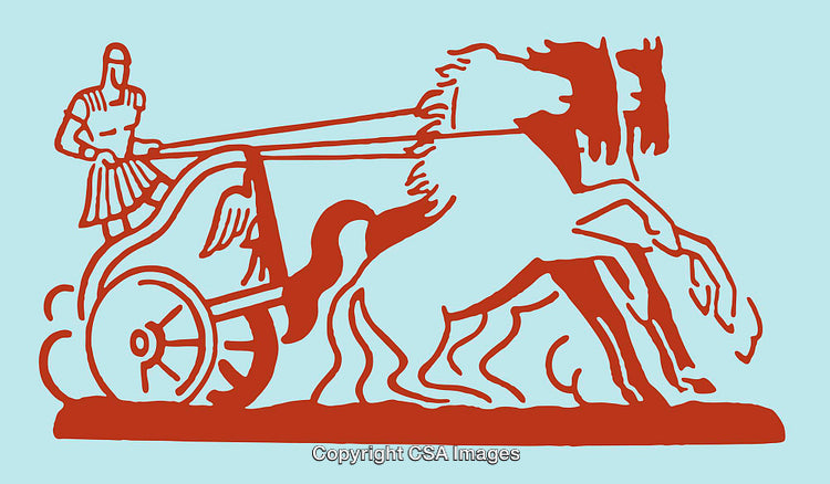 Ancient Warrior Driving Horse-Drawn Chariot in Minimalist Line Art Style