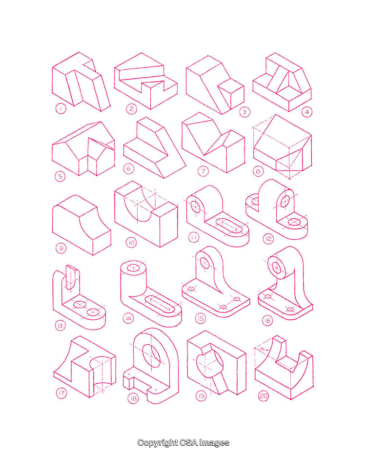 Set of Isometric Engineering Component Diagrams in Vibrant Red Line Art