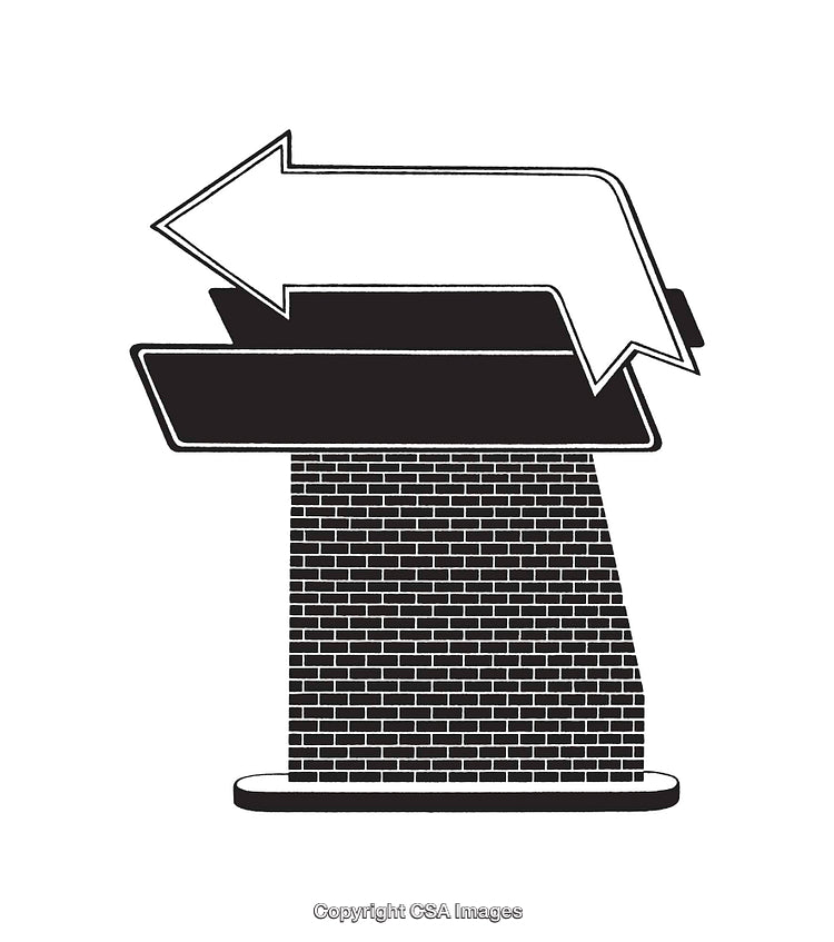 Black And White Illustration of Brick Structure With Bold Arrow Design
