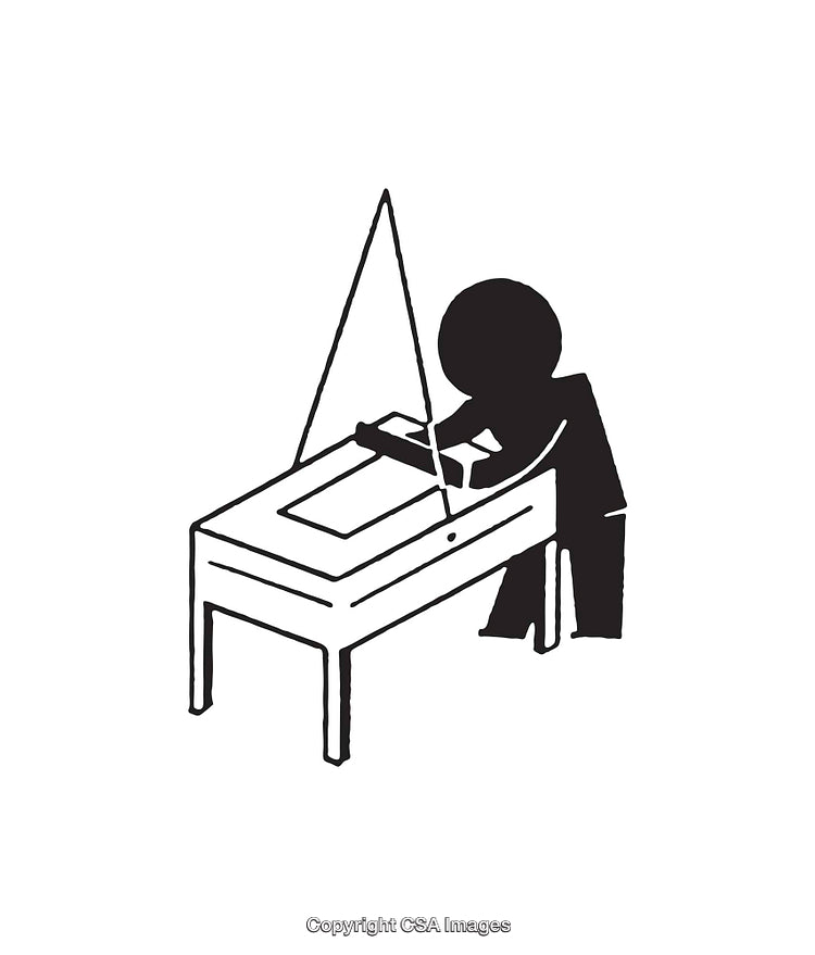 Black and White Line Art of Person Using Drafting Table