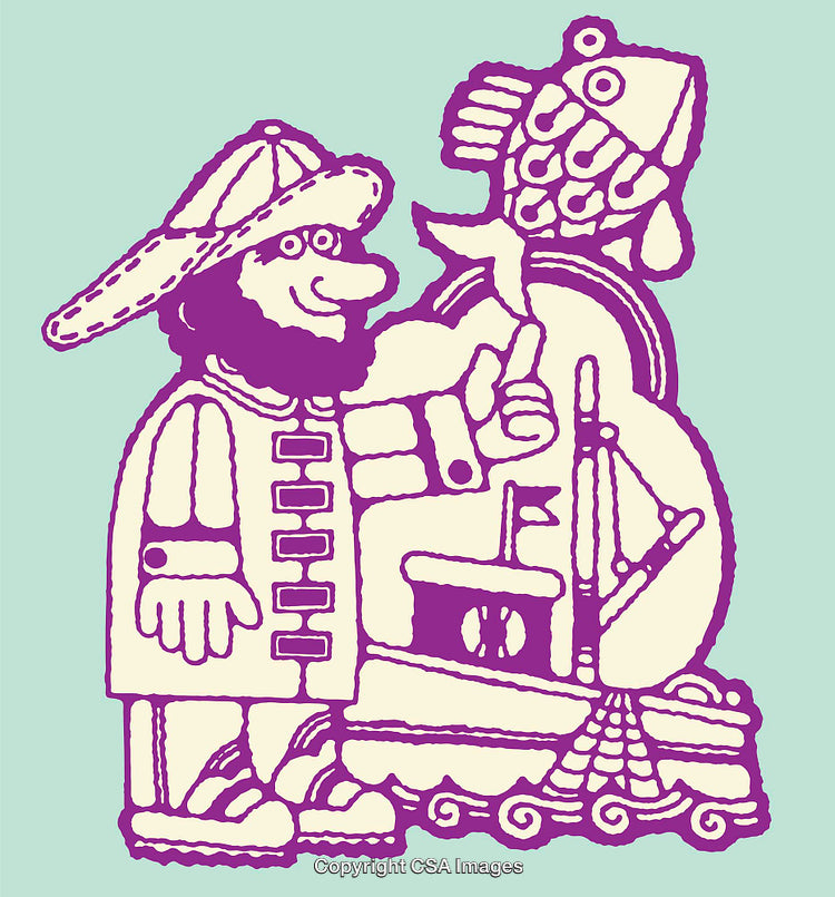 Colorful Illustration of Sailor with Fish and Boat Inspired by Nautical Themes