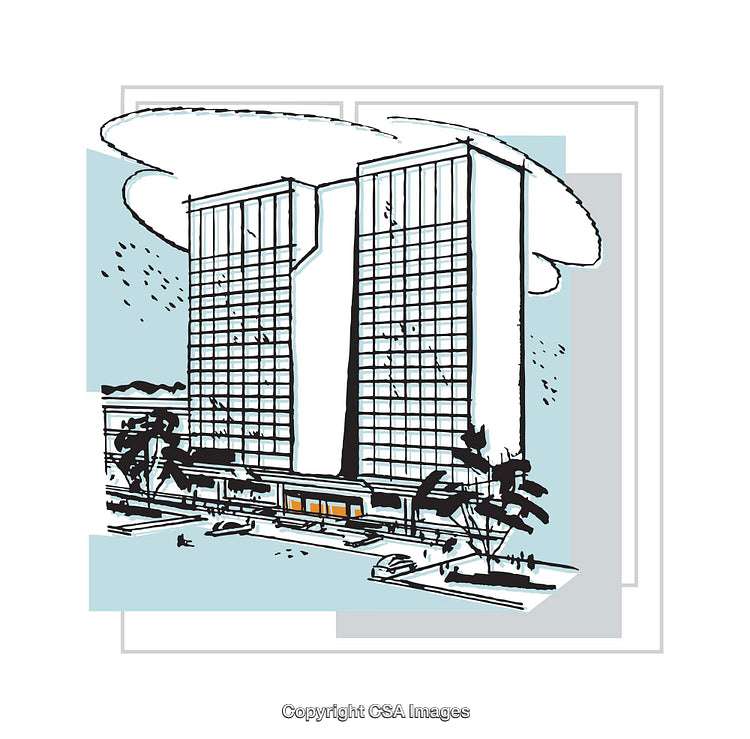 Illustrative Architectural Rendering of Modern Office Buildings With Urban Scenery