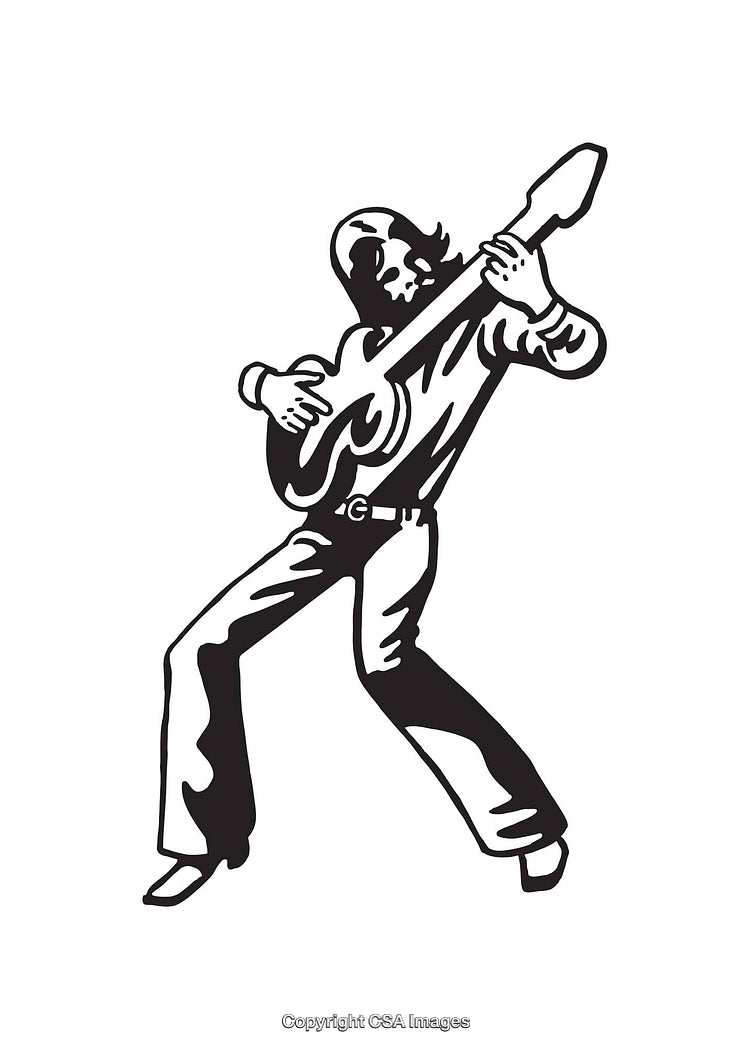 Black and White Line Art of a Musician Playing Guitar Boldly