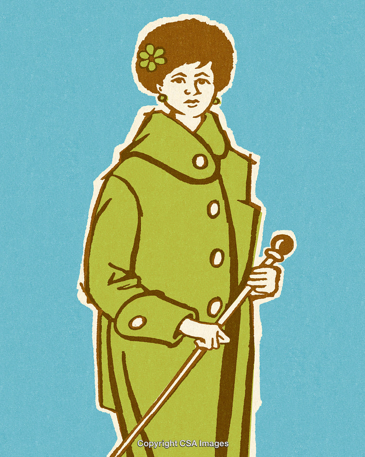 Retro Illustration of a Woman in a Coat Holding a Decorative Stick