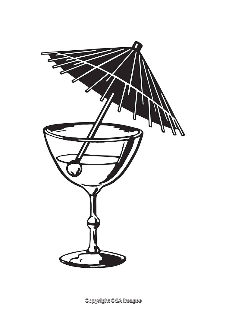 Black and White Line Art of Cocktail Glass with Umbrella
