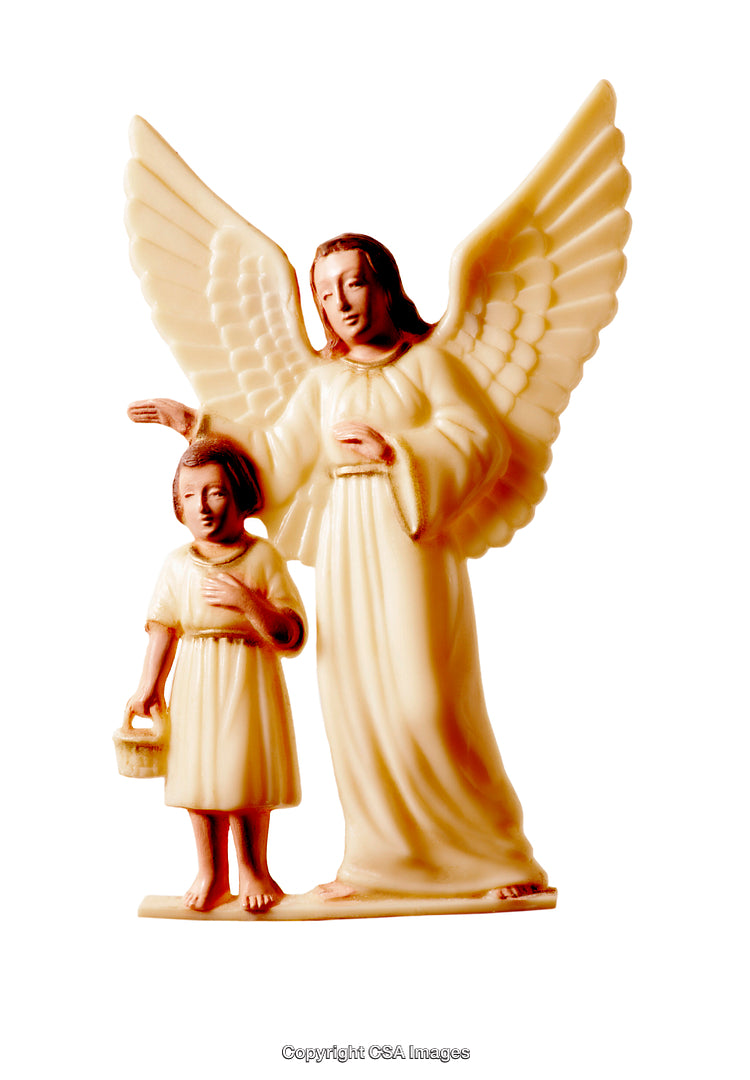 Closeup of Angel Figurine Protecting Child with Isolated White Background