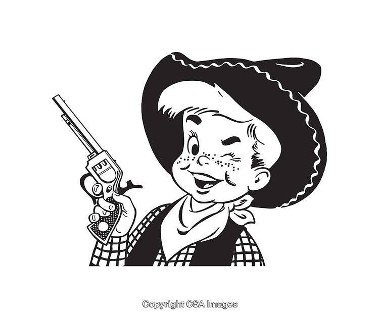 Vintage Cowboy Illustration Featuring a Smiling Child and a Revolver