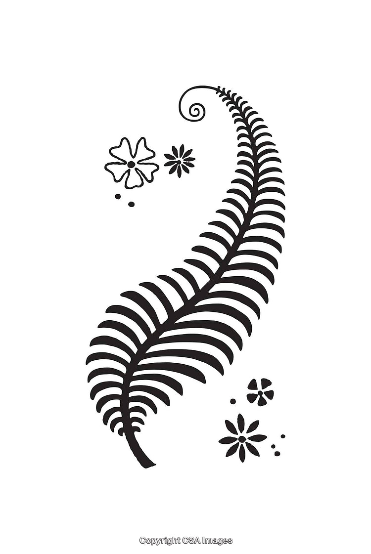 Black and White Illustration of Fern Leaf with Simple Flower Patterns