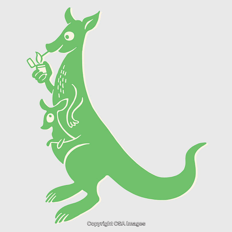 Whimsical Green Kangaroo Illustration With Baby in Pouch Holding Cup