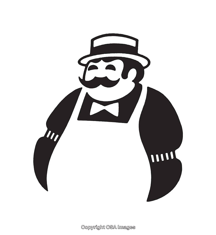 Stylized Black and White Illustration of a Smiling Chef Character