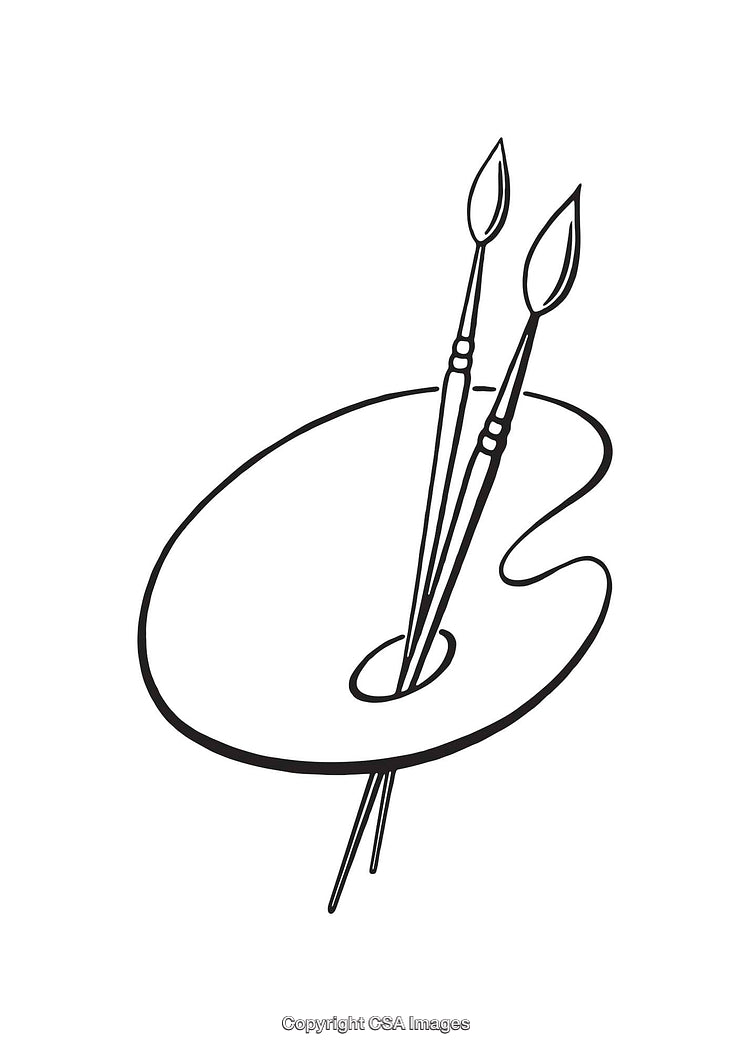 Black and White Line Art Palette with Paintbrushes Illustration