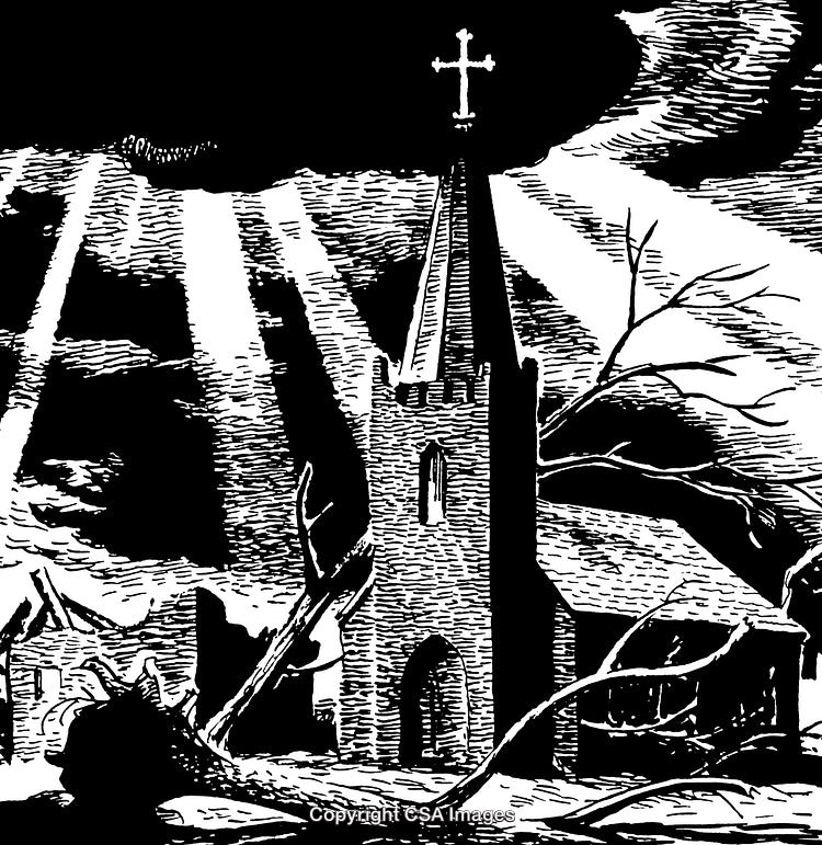 Black and White Engraving of a Church Amidst a Stormy Landscape