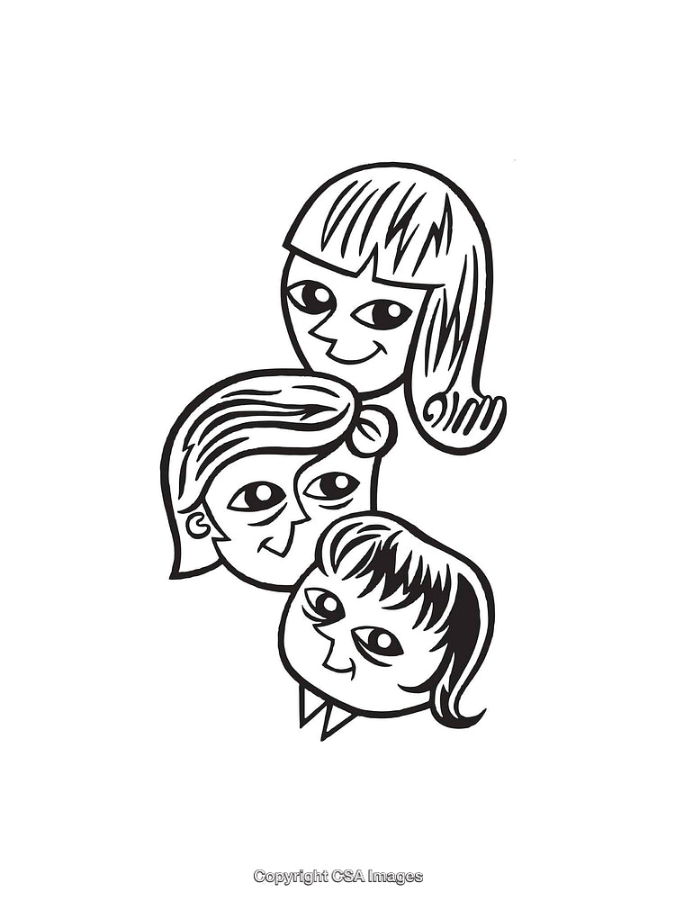 Black and White Line Art Illustration of Three Smiling Faces