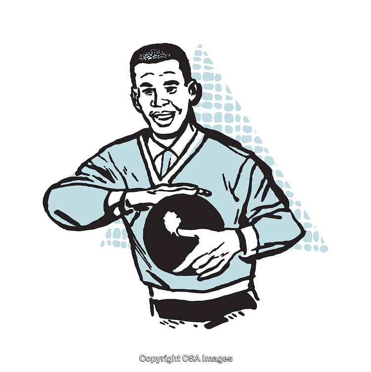 Retro Style Illustration of Happy Man Holding Bowling Ball in Cheerful Pose
