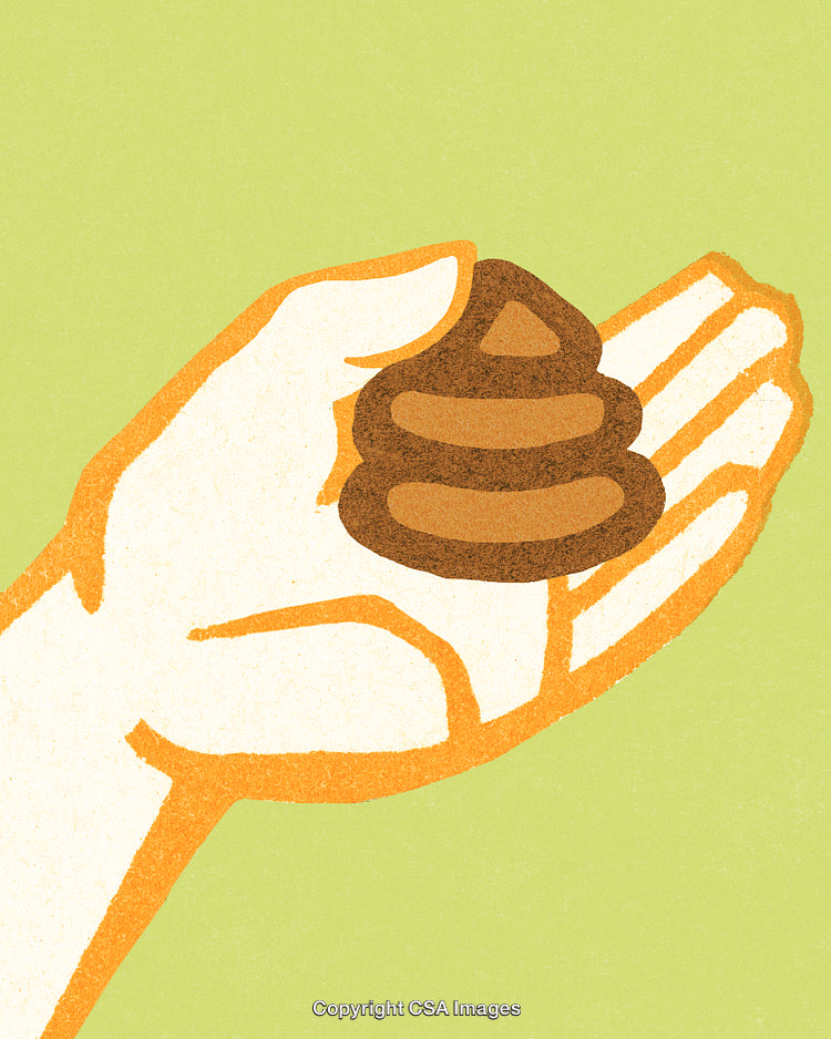 Cartoon Hand Holding a Poop Emoji Illustration on Light Green Background