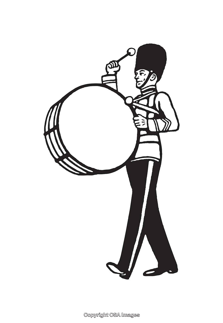 Black and White Illustration of a Marching Band Bass Drummer