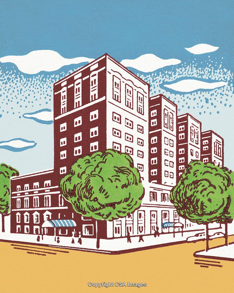 Illustration of Urban Building with Trees in a Bright Outdoor Setting