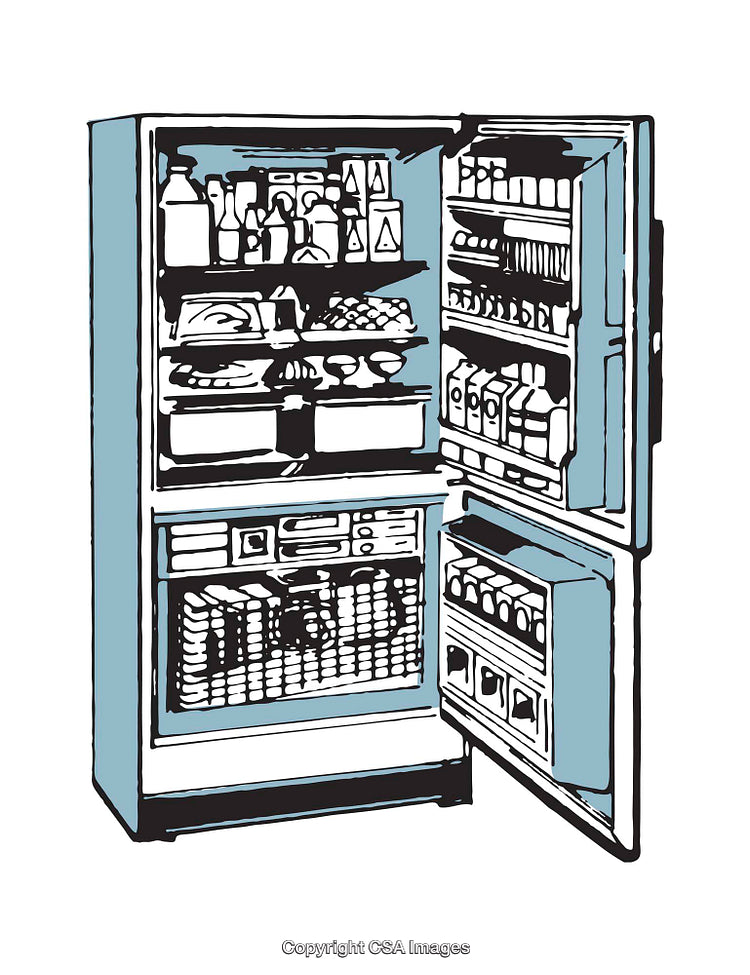 Illustrated Open Refrigerator Filled With Various Food and Beverage Items