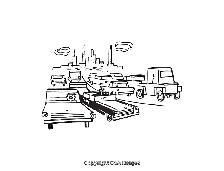 Black and White Illustration of Traffic in an Urban Setting