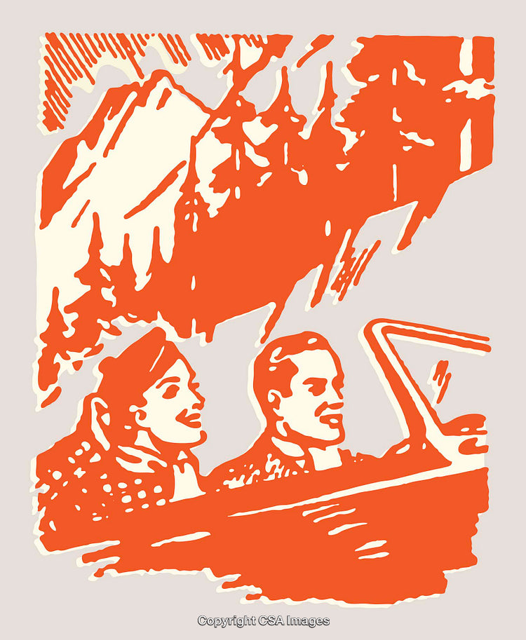Vintage Scenic Illustration of a Couple Driving Through Mountain Landscape